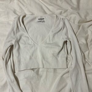 Garage ribbed white cropped v-neck long sleeve (worn)